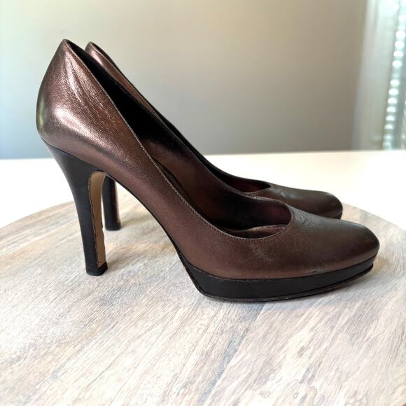 Authentic Gucci Metallic Bronze Brown Leather Platform Heels Pumps US Size 8.5 B - Picture 3 of 10